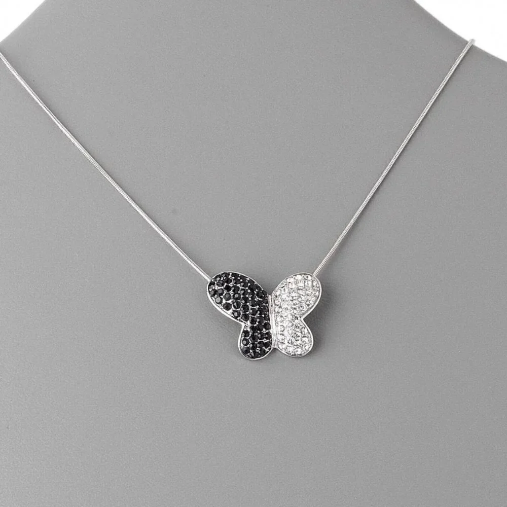 Elegant Austrian Crystal Black Clear Rhinestone Round Butterfly Pendant Necklace